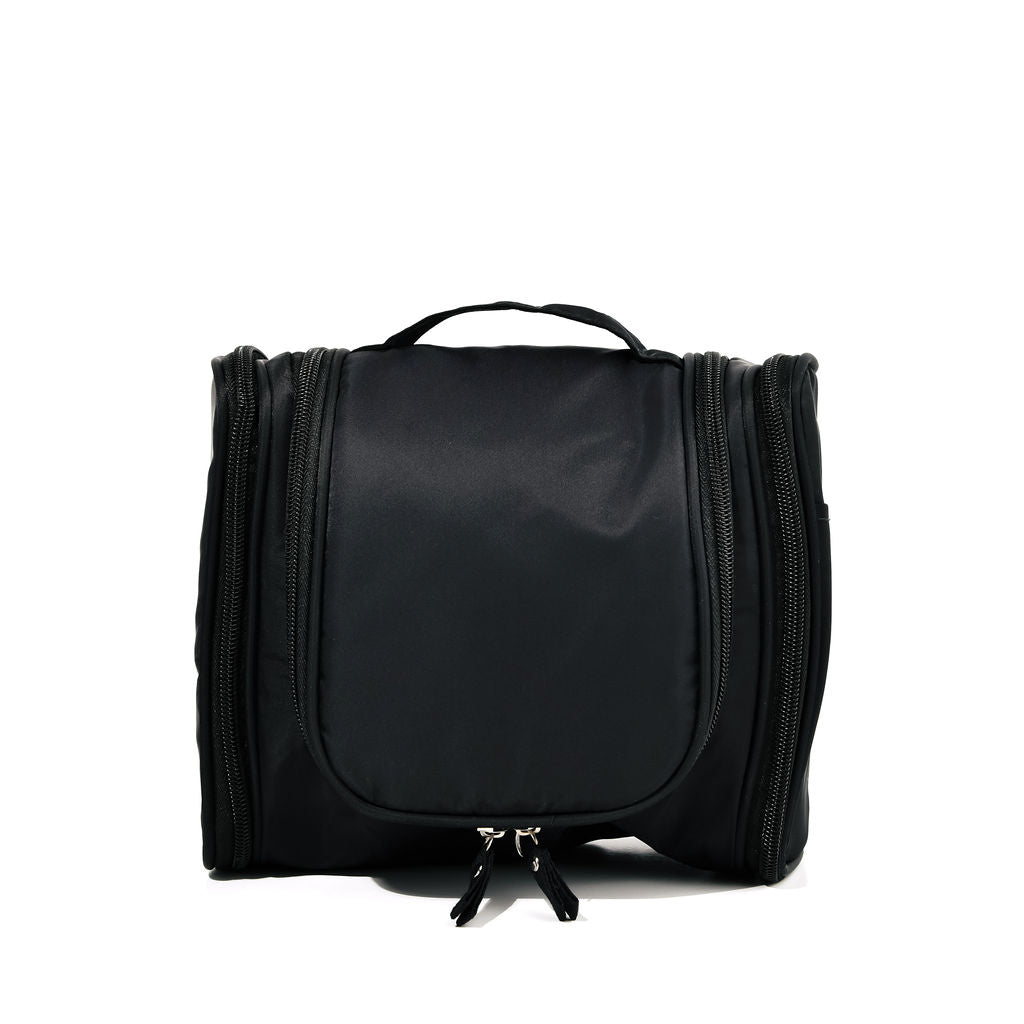 black hanging cosmetic case on a white background