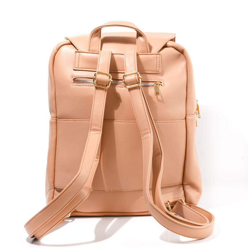 tan backpack on a white background