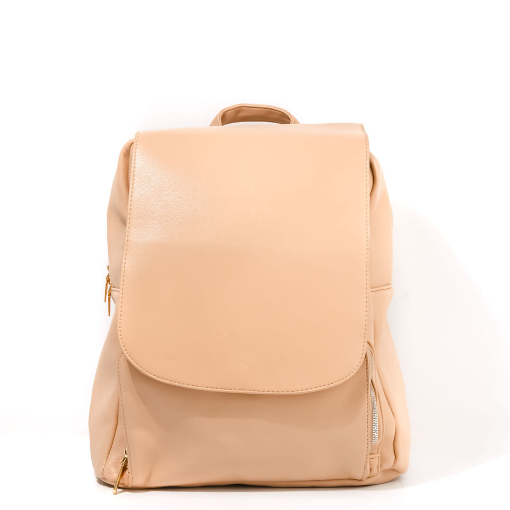 beige backpack on a white background