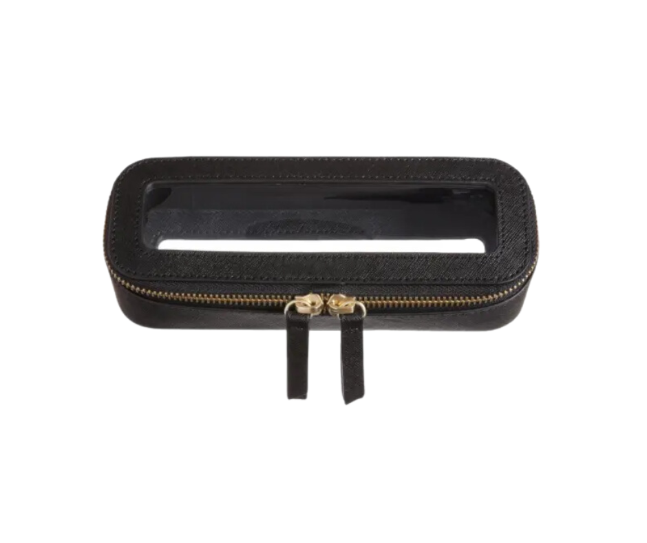black mini cosmetic case displayed on a white background