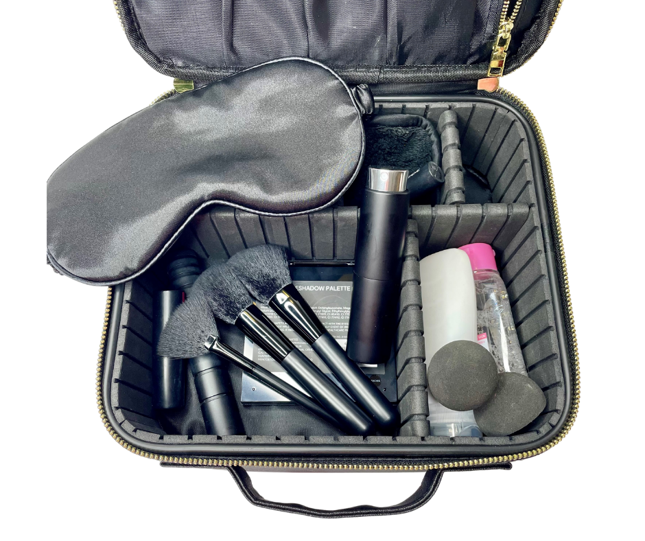 black travel atomiser inside a black cosmetic case with other cosmetic supplis