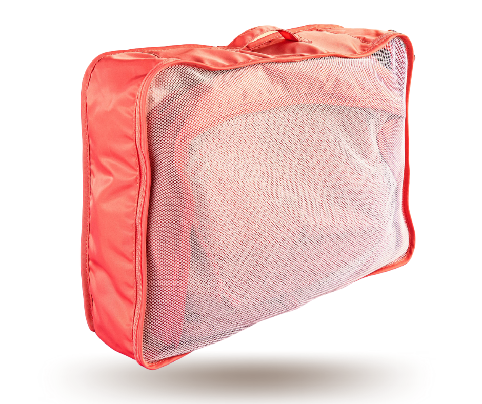pink packing cubes on a white background