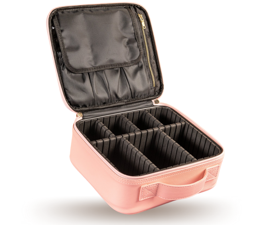 pink cosmetic case open on a white background