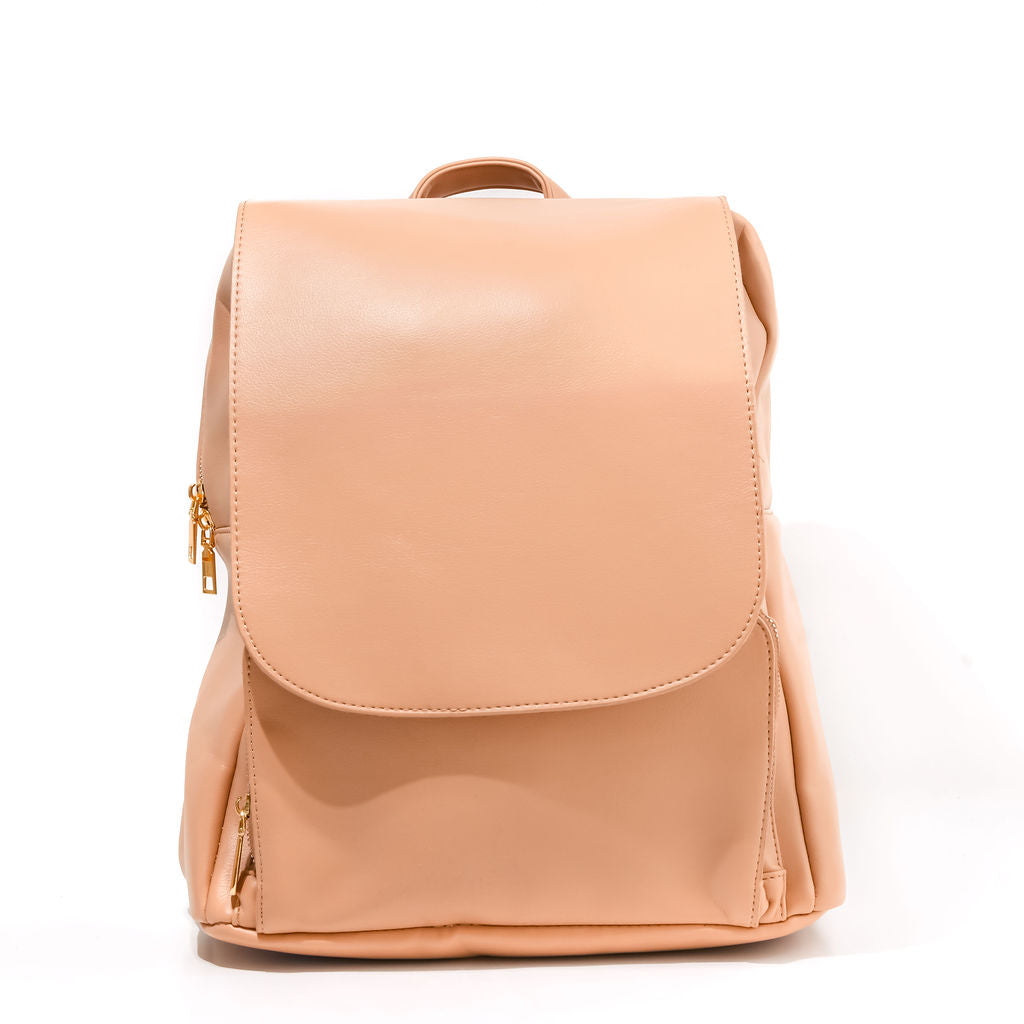 tan backpack on a white background