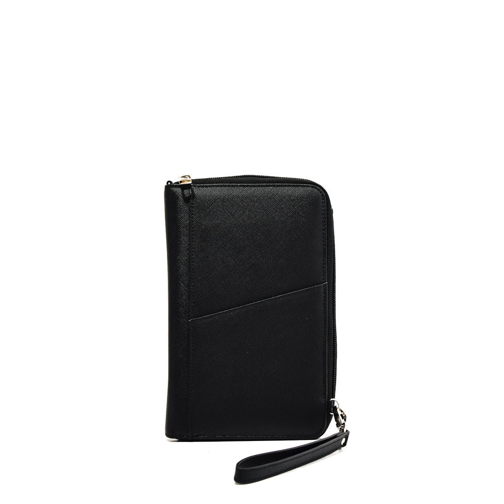 black passport wallet/travel wallet on a white background