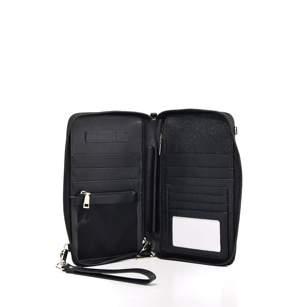 black passport wallet/travel wallet on a white background